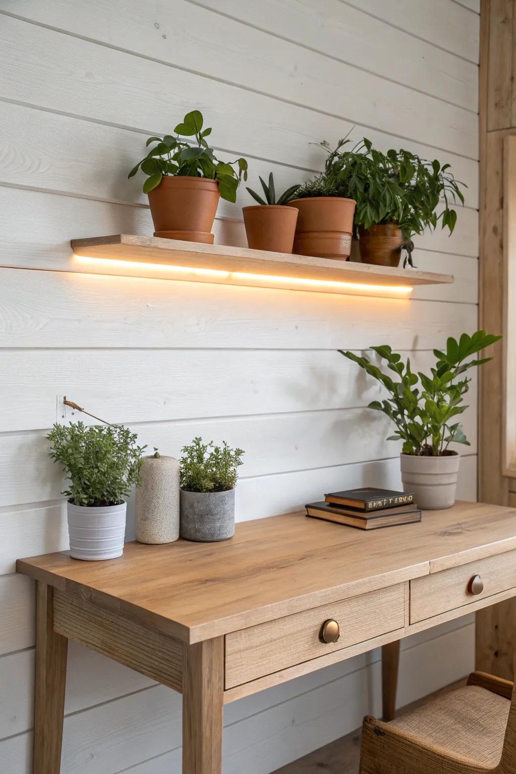 A slim oak greenery bar adds fresh farmhouse charm—warm light and tiny plants above the desk.