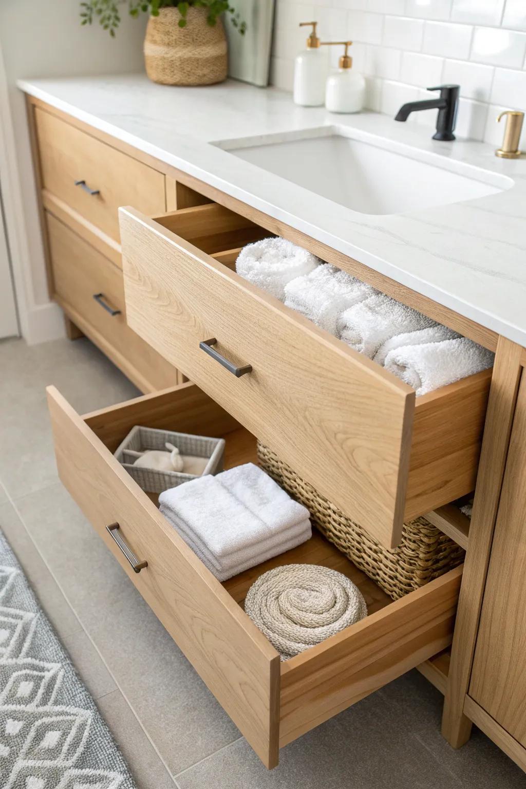 A hidden toe-kick drawer adds beautiful “found space” under your vanity in a small bath.