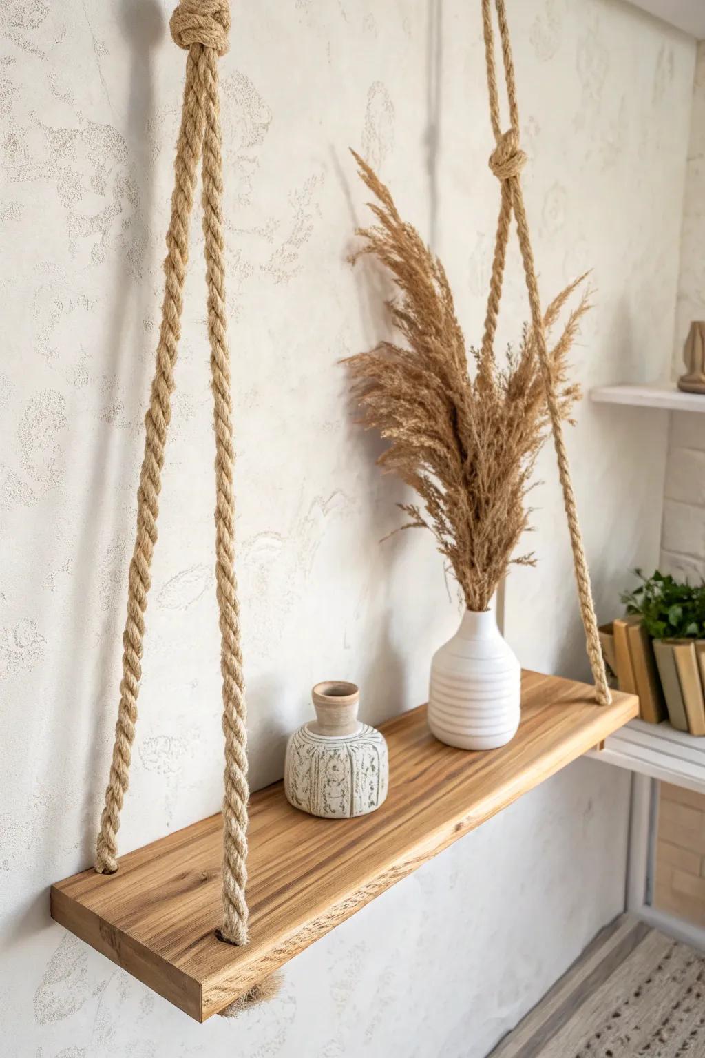 Airy ceiling-hung rope shelves: floating wood warmth that saves space in small retail.