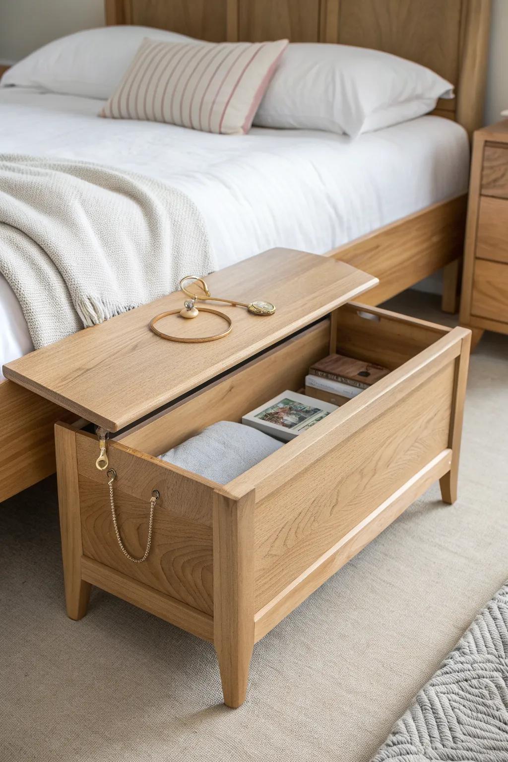 A lift-top oak bench with a hidden jewelry drawer—minimal, boho-soft, and beautifully discreet.