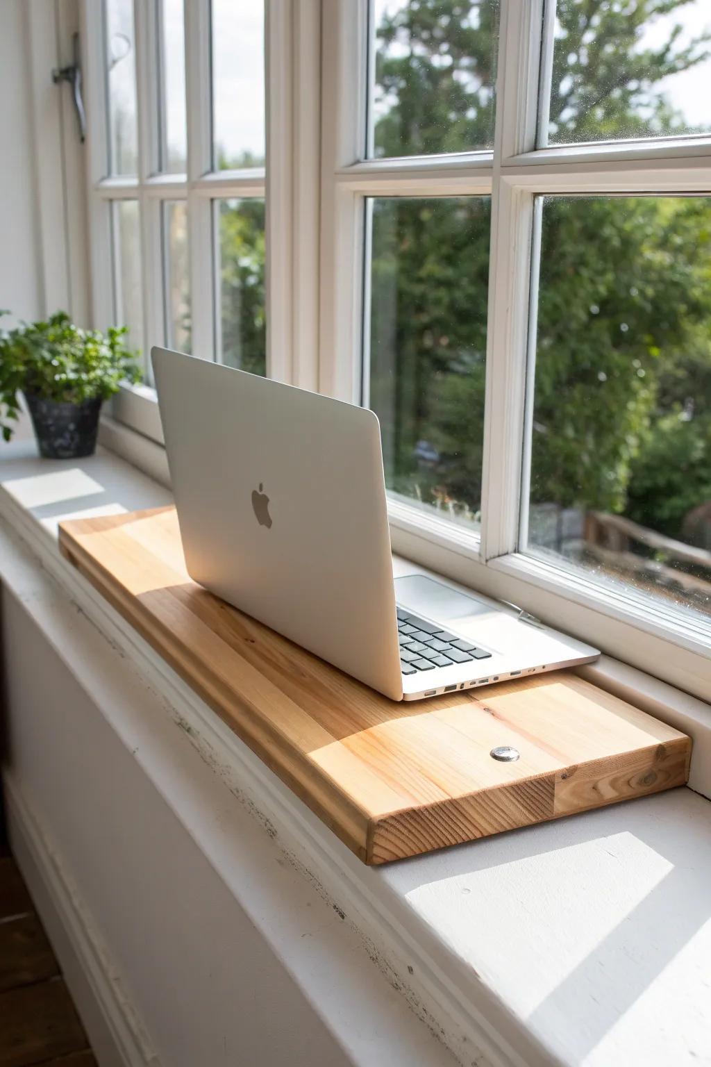 Turn a deep window sill into a sunny pine laptop bar—minimal, warm, and made for mornings.