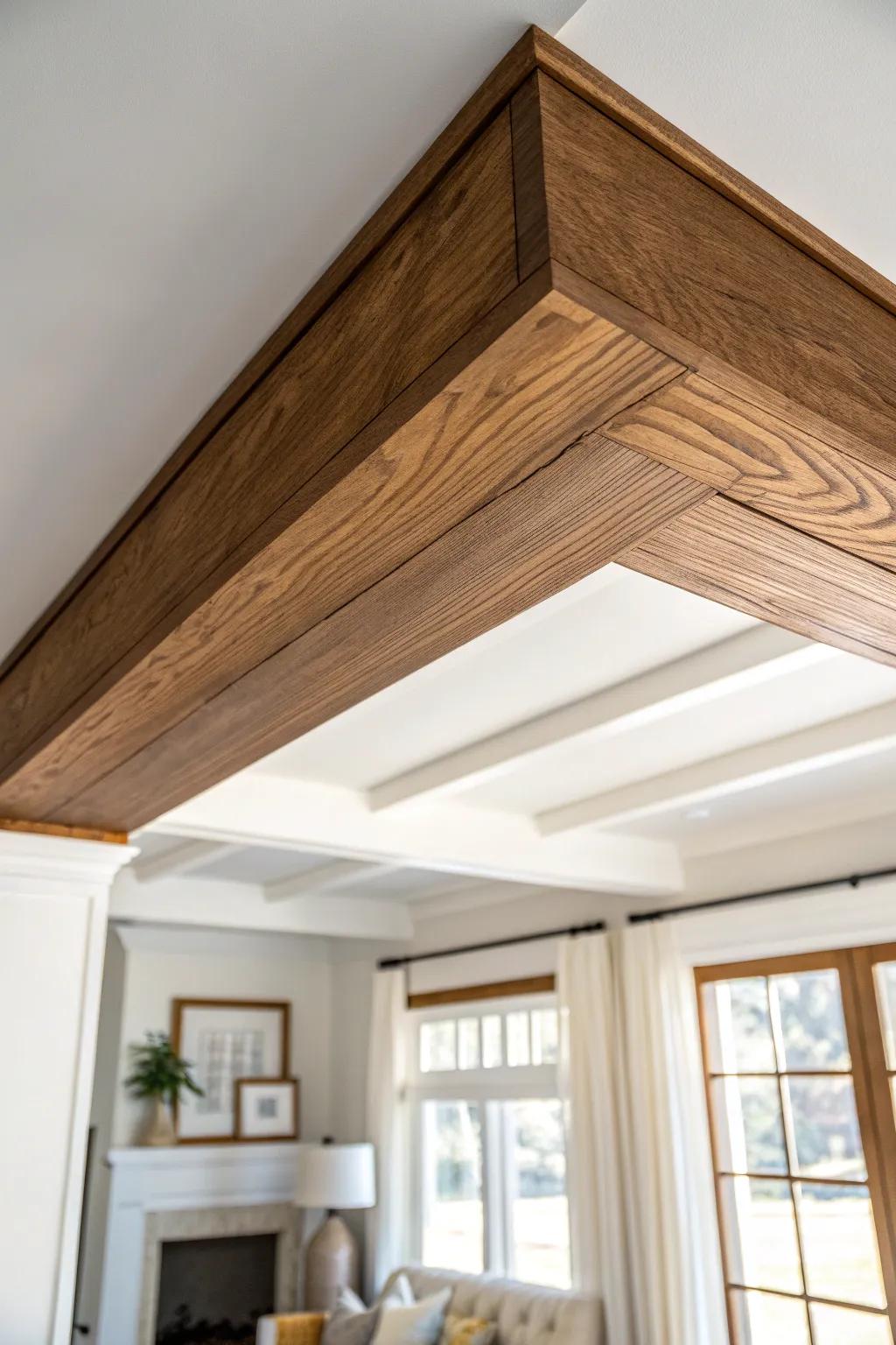 Faux box ceiling beam in warm wood tones—an instant cozy, cabin-like feel for small living rooms.