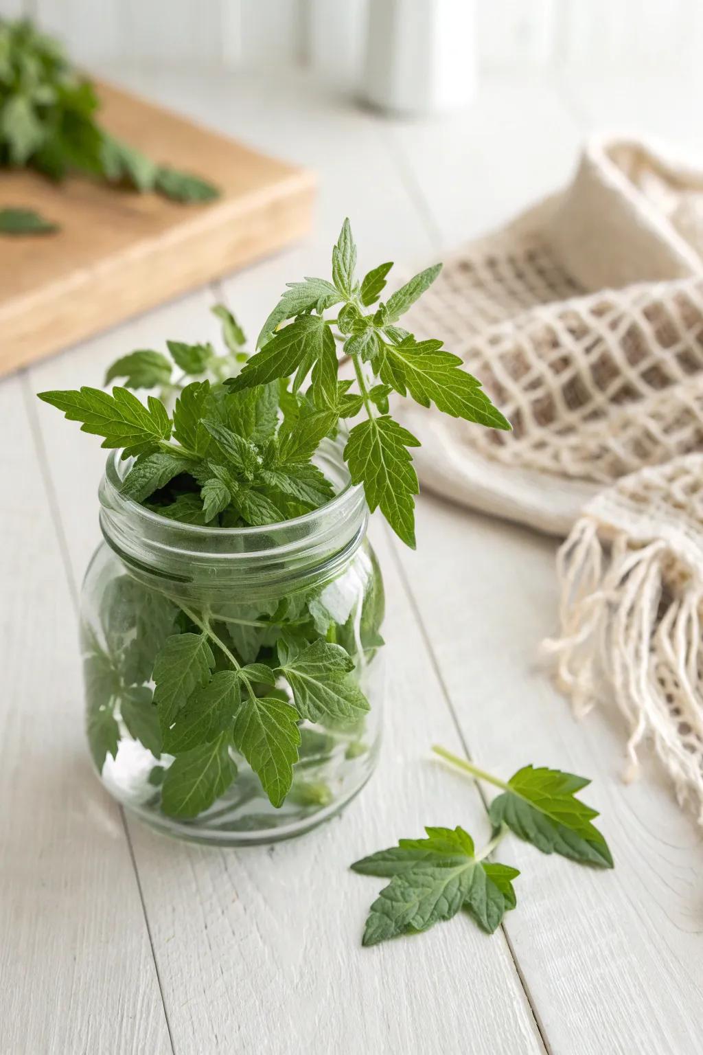 Bring the essence of your garden indoors with the fresh scent of tomato leaves in a chic minimalist jar.