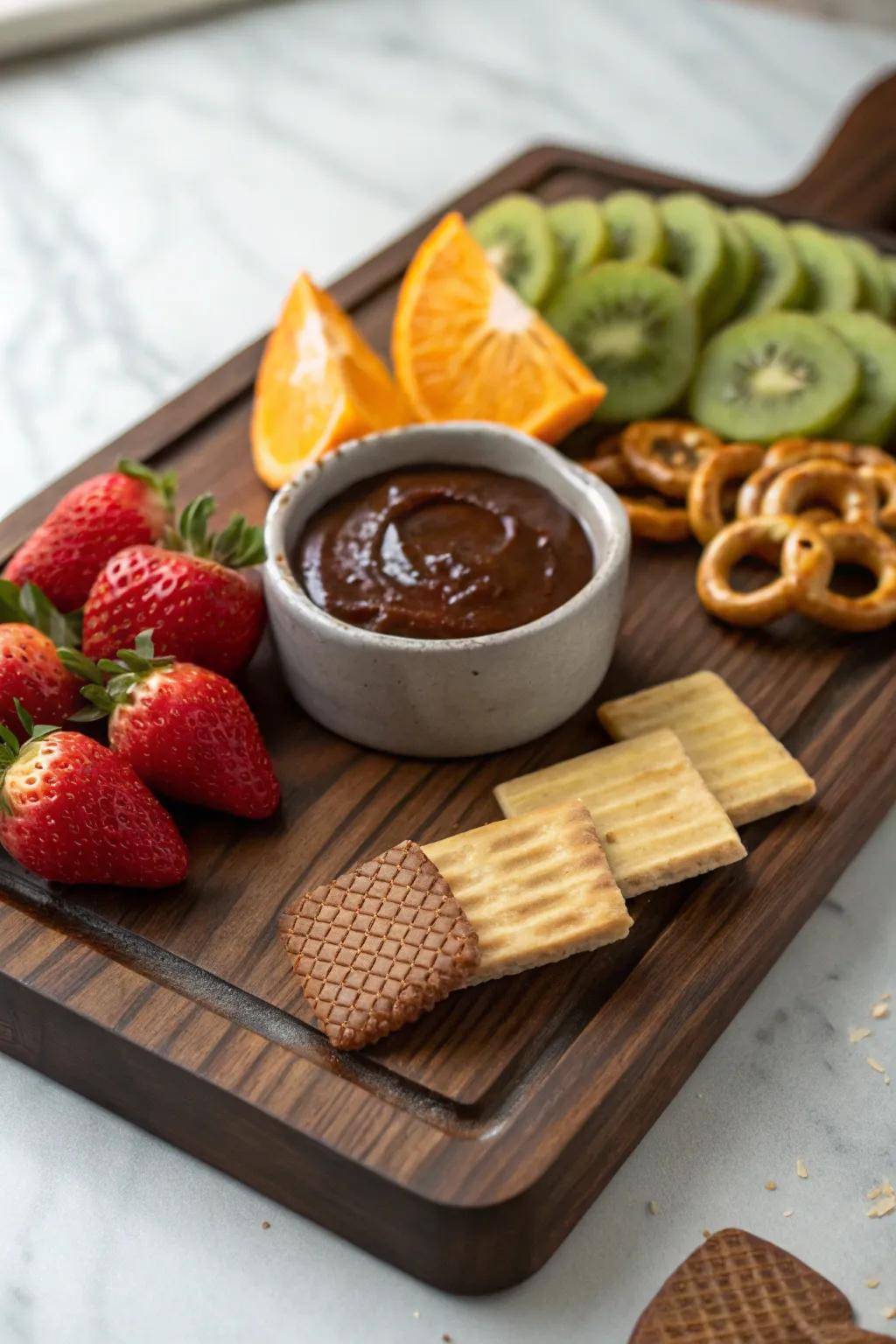 Dark walnut dessert dunking board with chocolate dip, bright fruit, cookies, and pretzels.