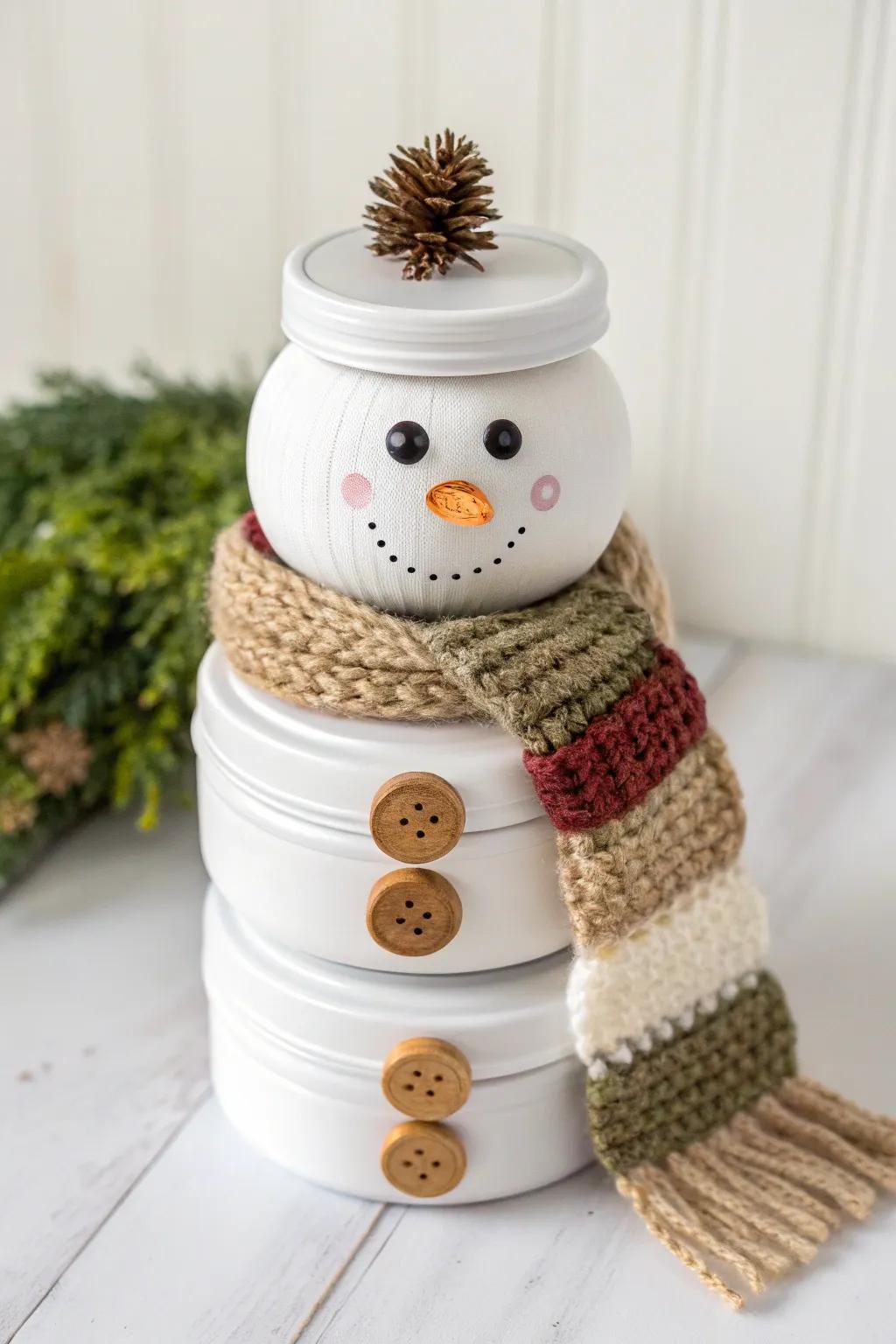 Embrace the charm of sustainability with this recycled jar lid snowman—a perfect blend of minimalist elegance and boho warmth. ❄️✨