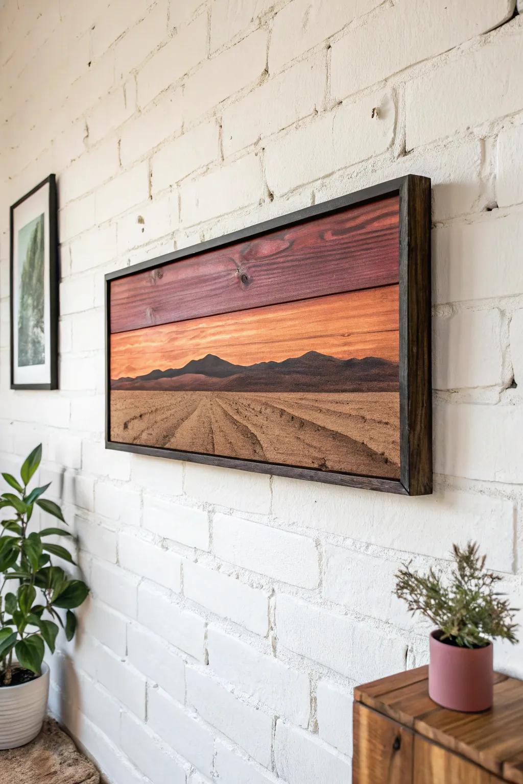 Burned-wood desert gradient wall art—terracotta to dusty violet, grain popping like topographic lines.