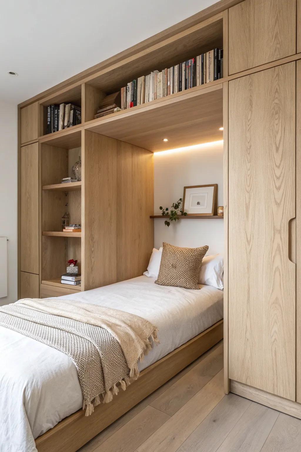 Closet-to-bed alcove in light oak—tiny shelves, warm glow, and extra space in the room.