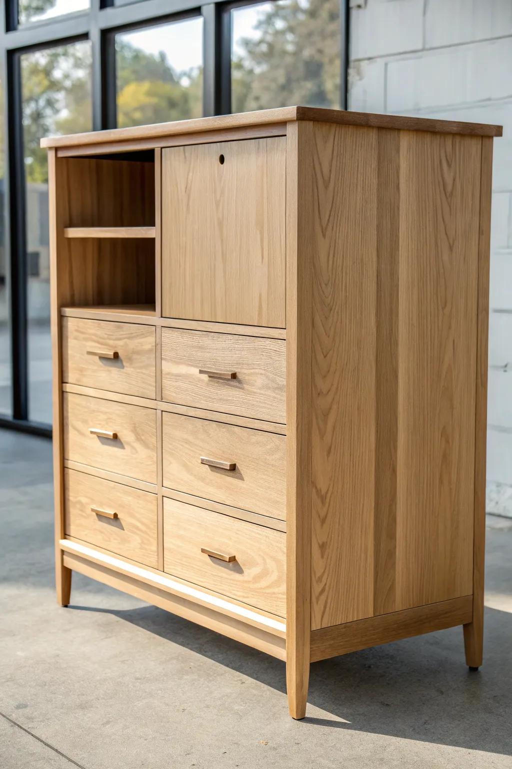 Double-sided oak dresser divider—gain storage and define zones in a studio without building walls.