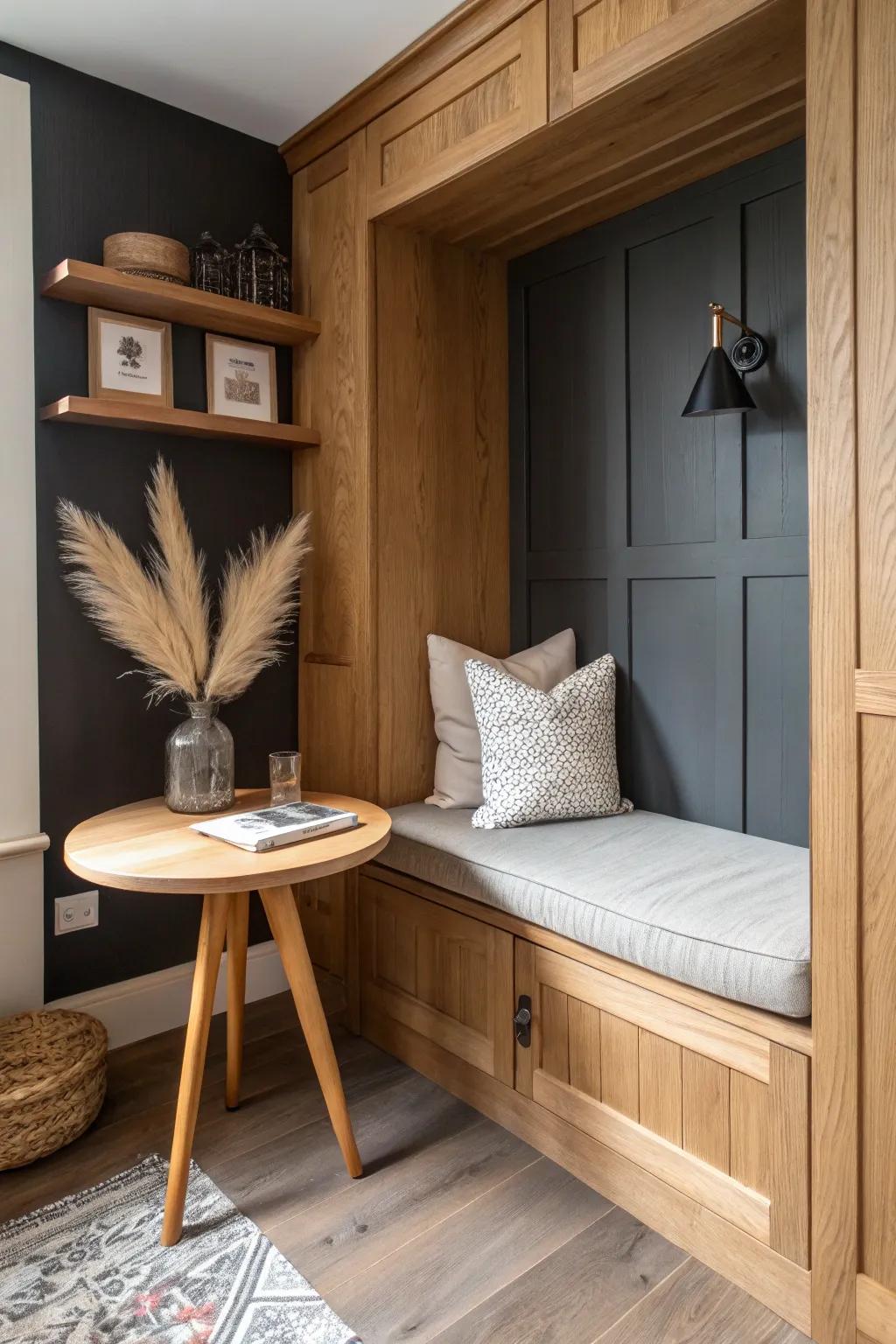 A closet turned speakeasy booth desk—warm oak, dim amber light, and deep-focus cozy vibes.