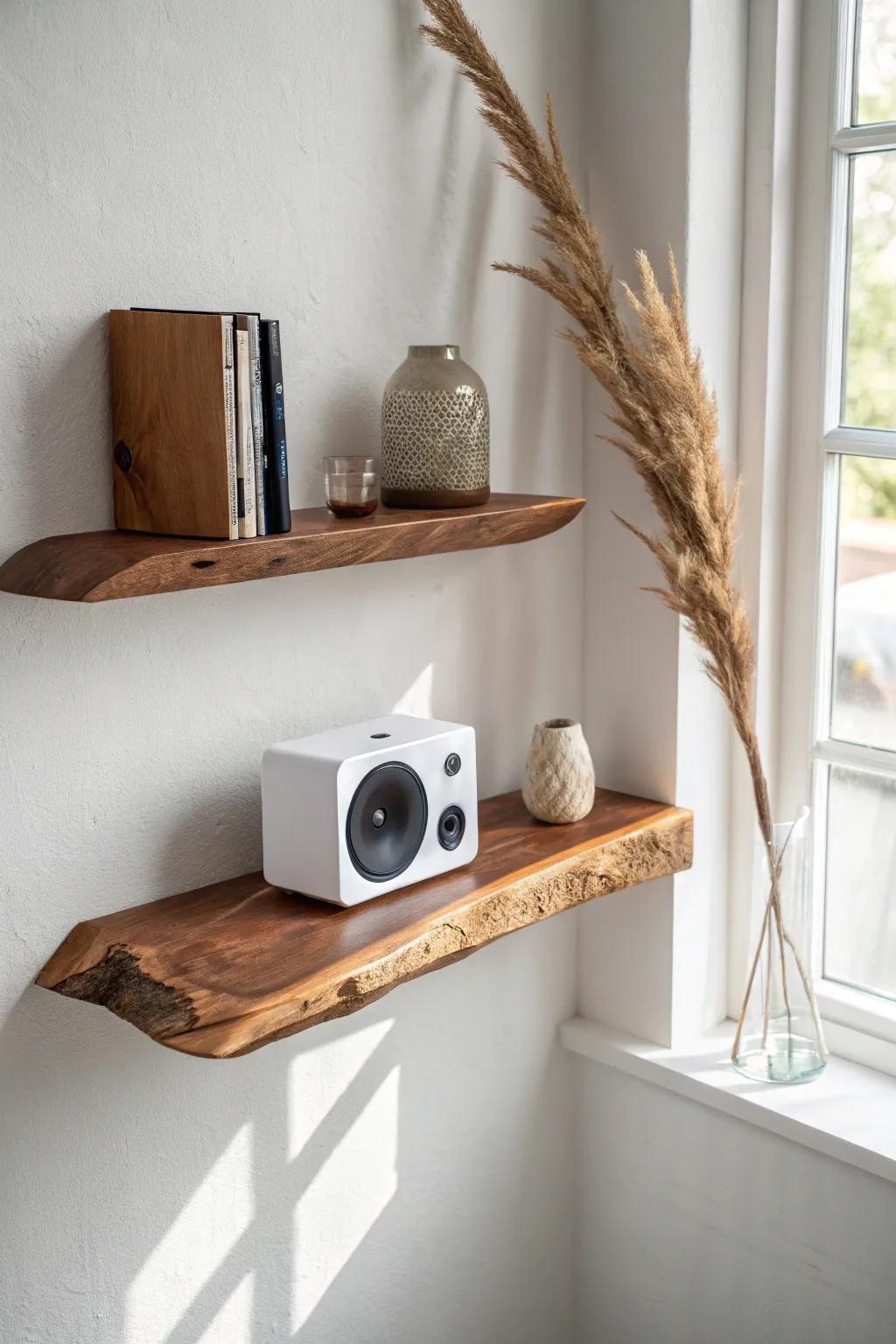 A live-edge walnut shelf softens modern speakers with warm grain and organic curves.