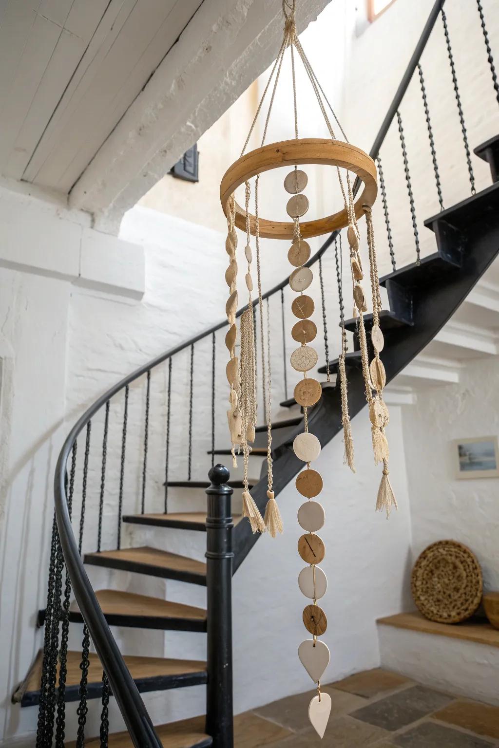 A reclaimed-wood mobile drifting in the spiral stair void—airy movement, zero clutter.