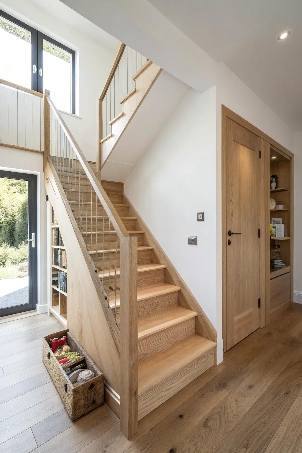 A seamless secret door in the stairway—hidden storage that disappears into the wood grain.