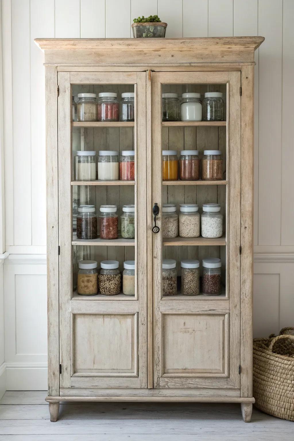 Transform storage into art with a vintage cabinet display that beautifully showcases your mason jar collection.