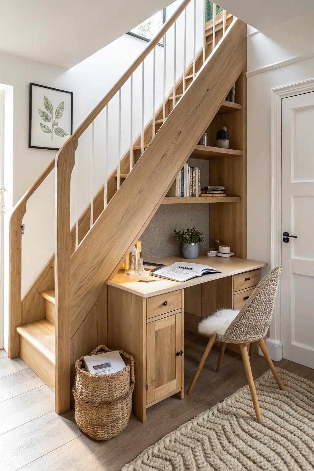 Turn the under-stairs triangle into a cozy oak study desk nook with a sleek built-in shelf.