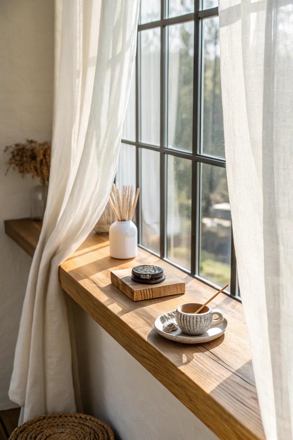 A hidden shelf behind linen curtains—perfect for chargers, matches, and tiny sunroom essentials.