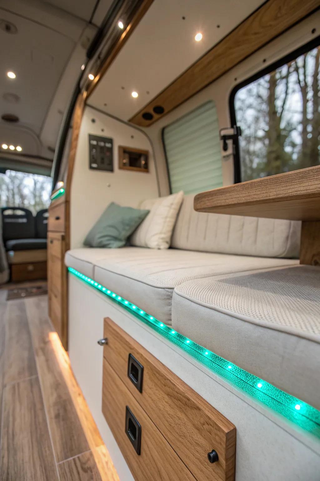 Glow-in-the-dark wood inlays add a magical, practical guide line for cozy teardrop nights.