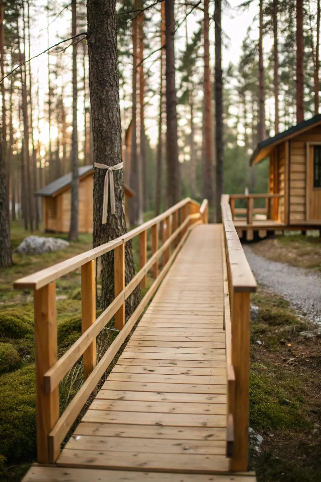 A handmade wood bridge linking two tiny forest cabins—sleep here, craft there, peace everywhere.