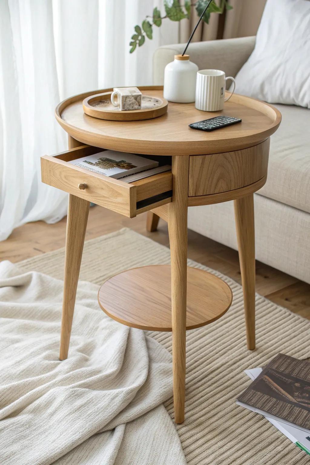 A minimalist oak end table with a hidden compartment—clean lines, clever storage, wow factor.