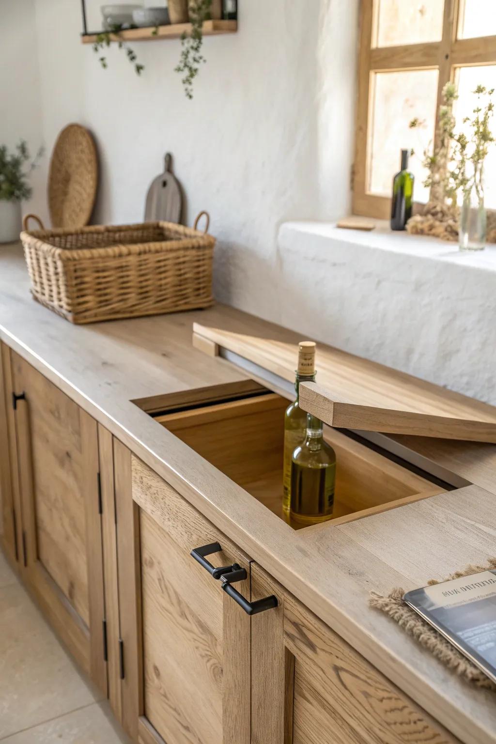 A sleek countertop trap-door reveals a hidden vertical pantry slot—tiny-home magic in oak.