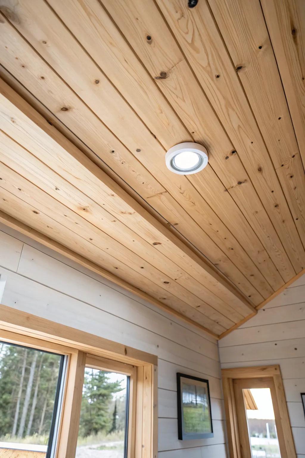 Flush recessed lights in wood planks keep headspace open and make the grain glow at night.