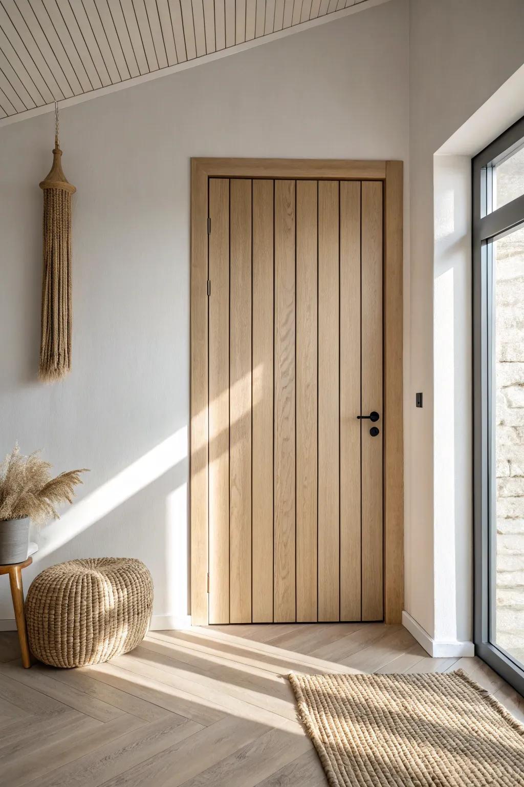 A tongue-and-groove accent wall that hides a flush door—seamless lines, zero hardware.