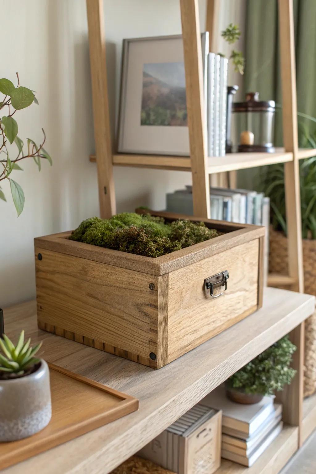 Reclaimed wood moss box—an earthy, living-look statement for the top of your bookshelf.