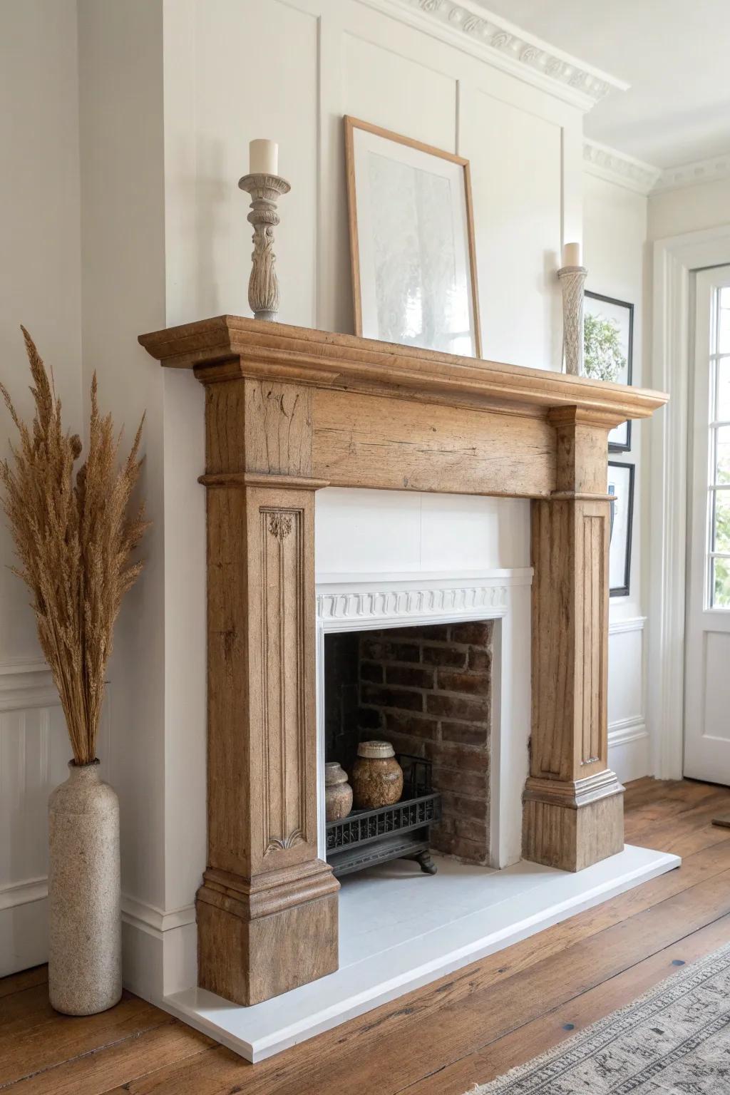 Salvaged turned newel posts give a mantel the timeless elegance of true architectural history.