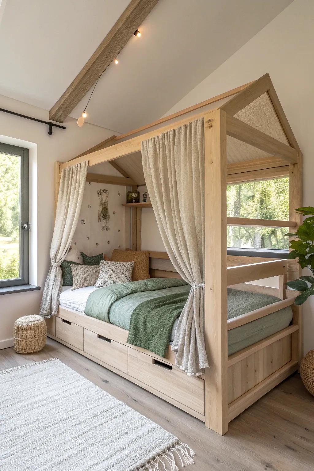 A soft linen “forest canopy” ceiling turns this treehouse bed into a cozy treetop nook.