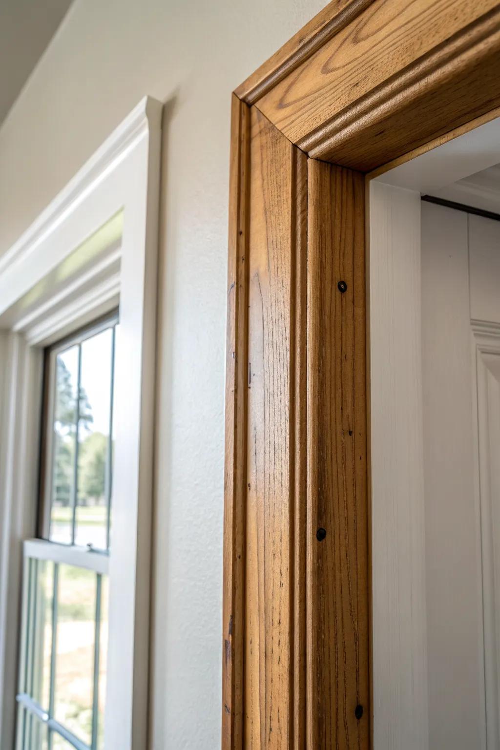 Natural reclaimed wood trim adds warmth and character against crisp painted walls.