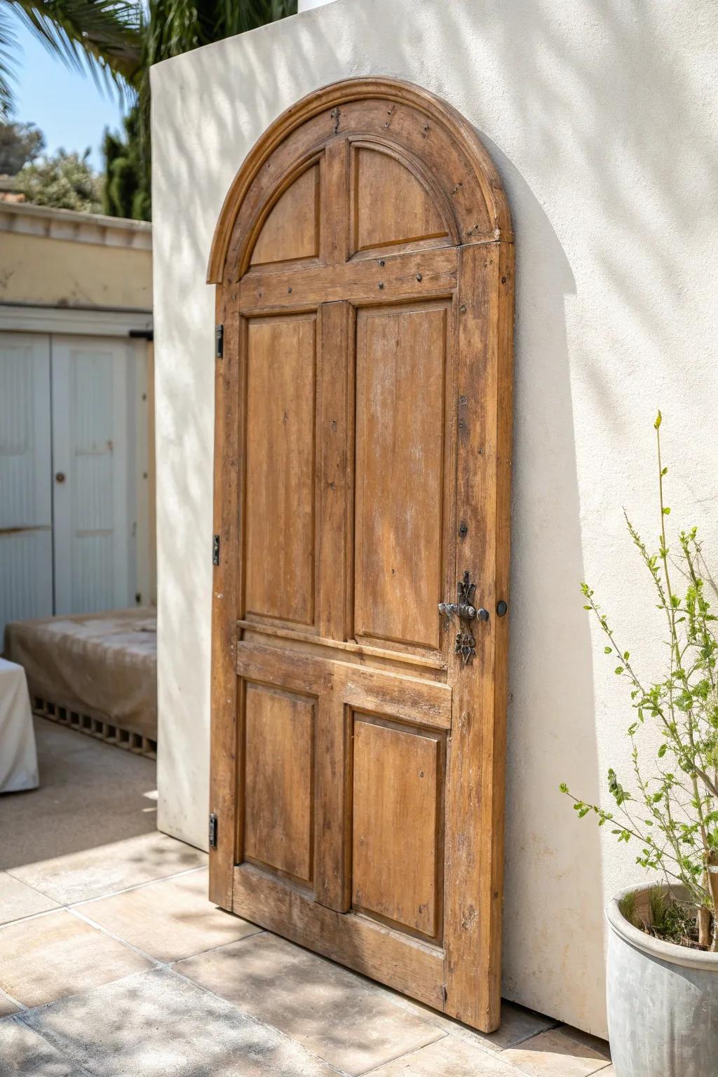 A salvaged door headboard with waxed patina—Tuscan charm in a clean, minimalist bedroom.