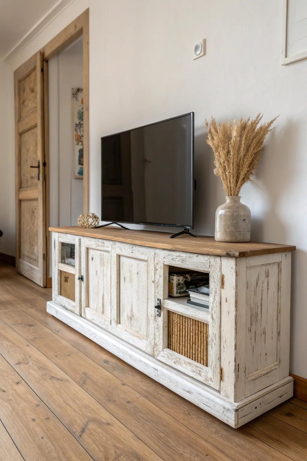 Repurposed door console: a one-of-a-kind TV stand alternative with rustic texture and calm style.