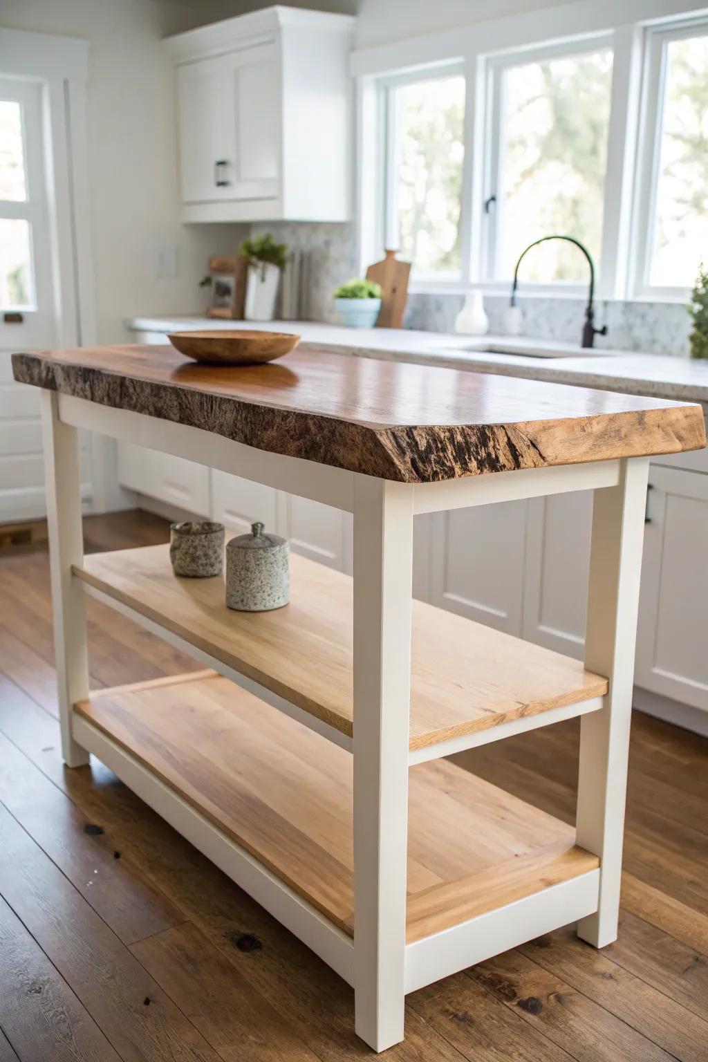 A raised live-edge slab turns a two-tier kitchen island into a warm, minimalist showpiece.
