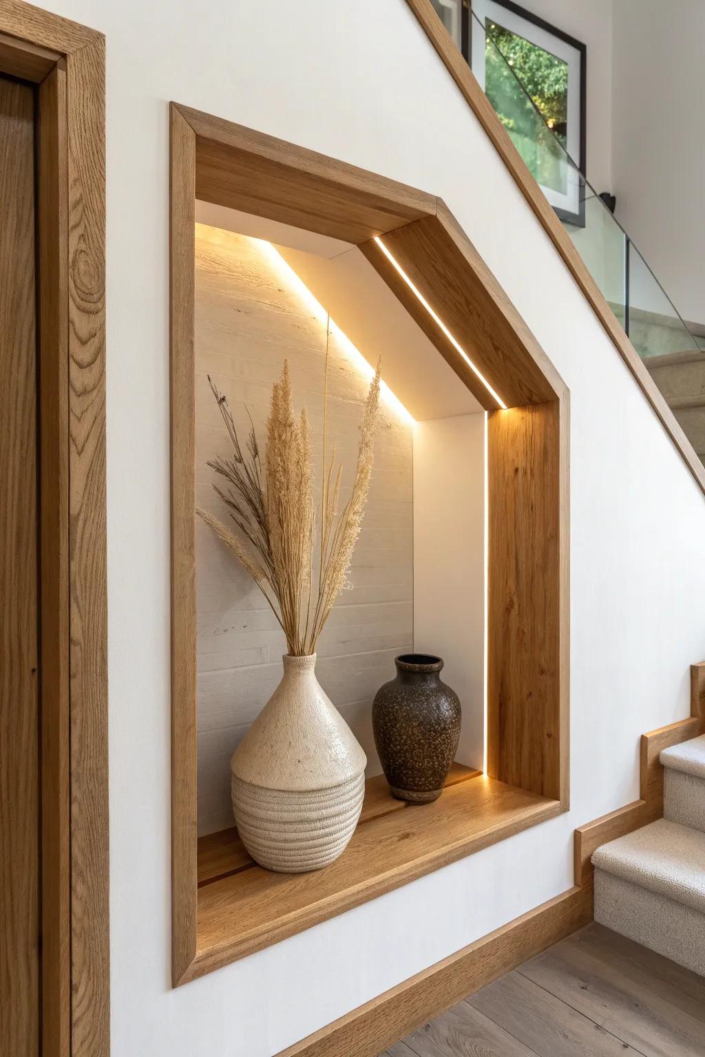 A glowing under-stair niche that turns one simple vase into a museum-worthy moment.