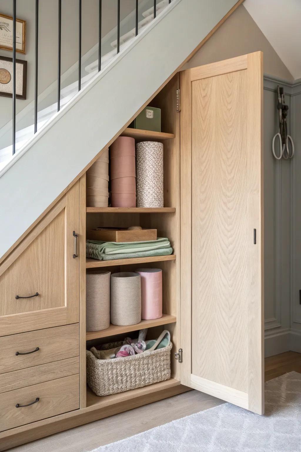 Under-stairs craft cupboard in warm oak—wrap tubes, ribbon shelves, and a neat tape drawer.