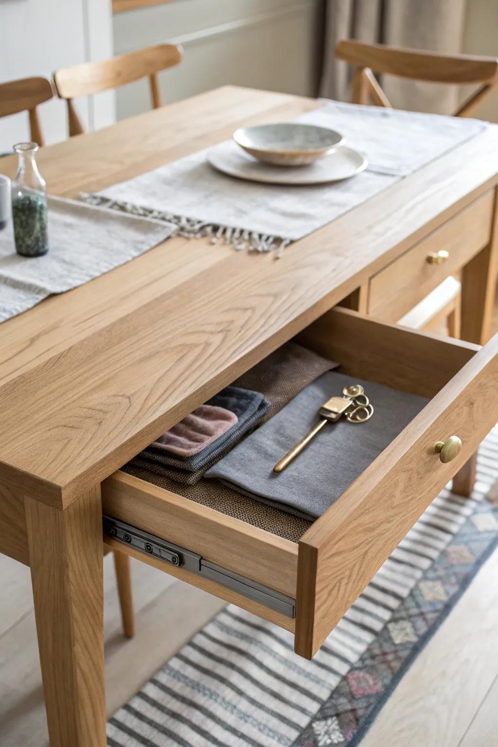 A faux apron that secretly slides open—hidden under-table storage with clean, crafted style.