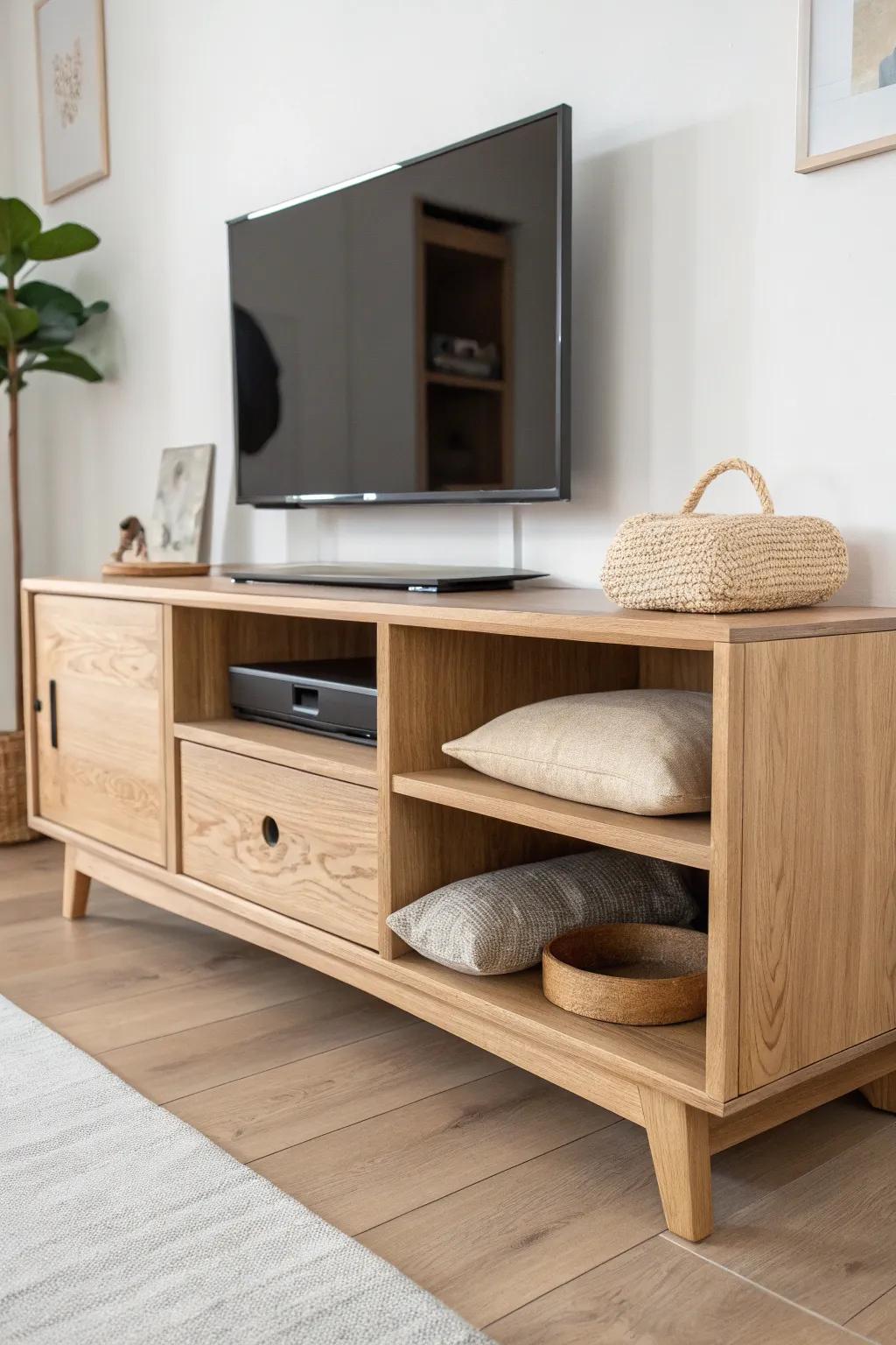 A minimal under-TV console with a cozy pet nook and hidden drawer for toys and leashes.