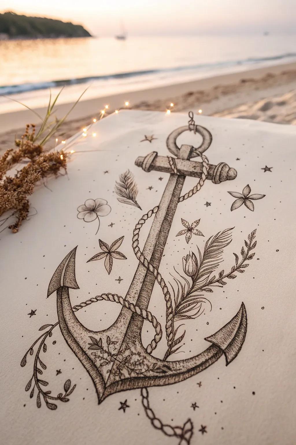 Dive into a world of fantasy with this enchanting anchor design, where mythical creatures bring a touch of magic to your minimalist style.