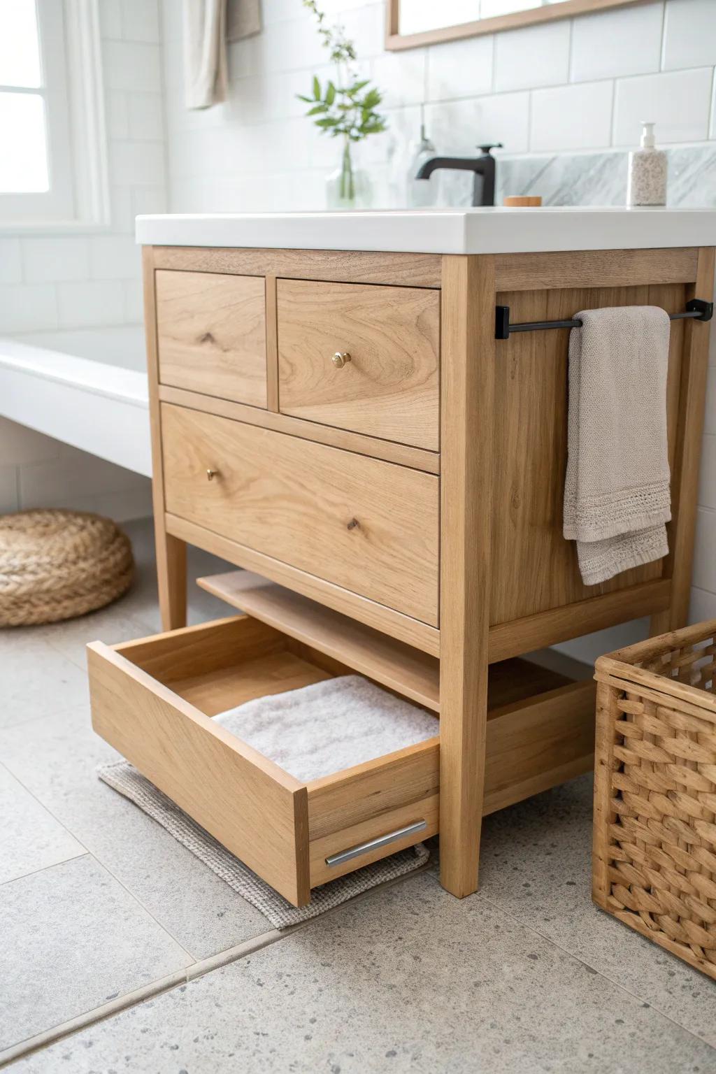 A sleek oak vanity with a hidden pull-out step stool—kid-friendly function, grown-up style.