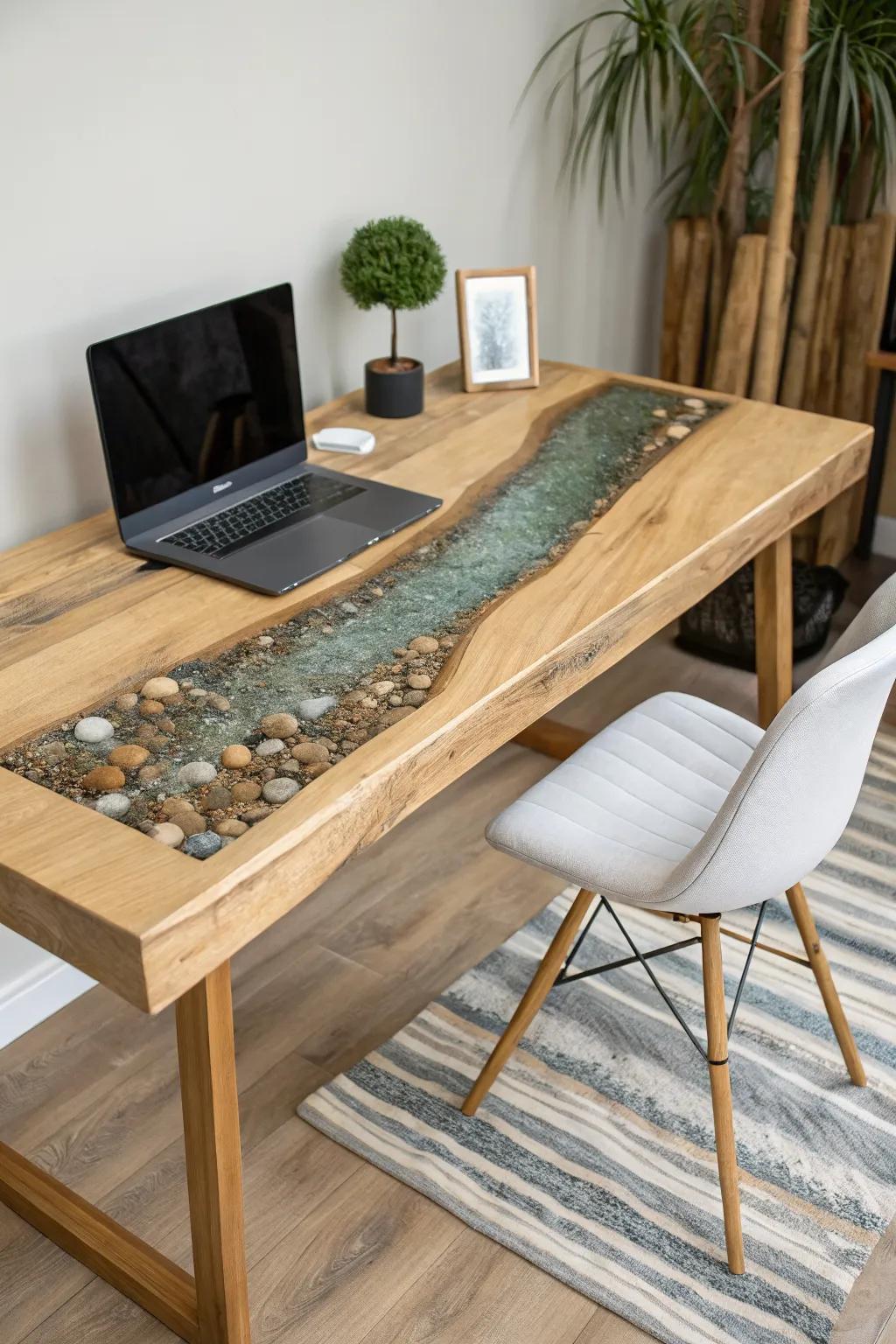A clear epoxy “river” desk with embedded keepsakes—modern resin meets warm, natural wood grain.