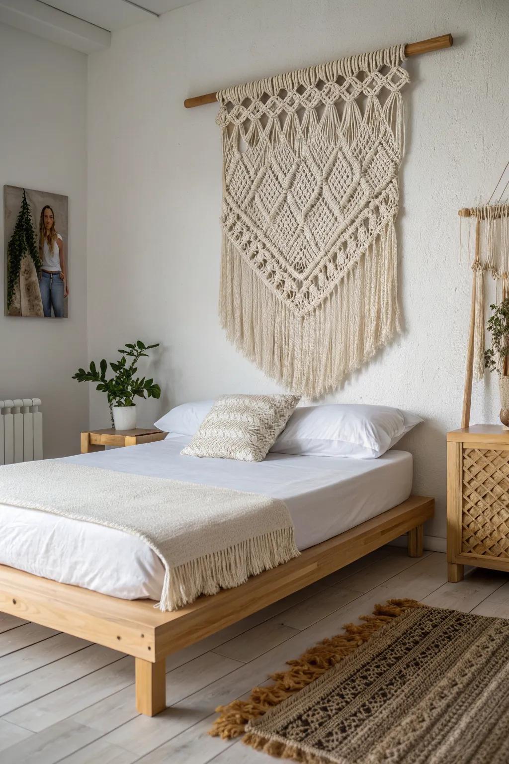 An airy macramé-on-dowel headboard that adds calm texture and Scandinavian warmth.