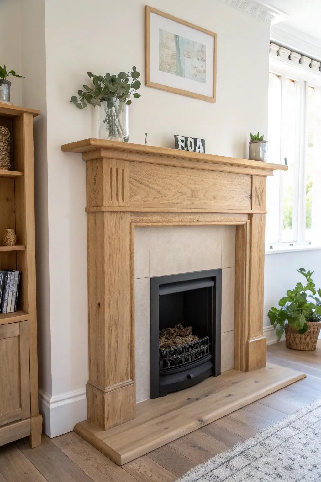 A repurposed headboard becomes a cozy faux fireplace surround—minimal, warm, and stunning.