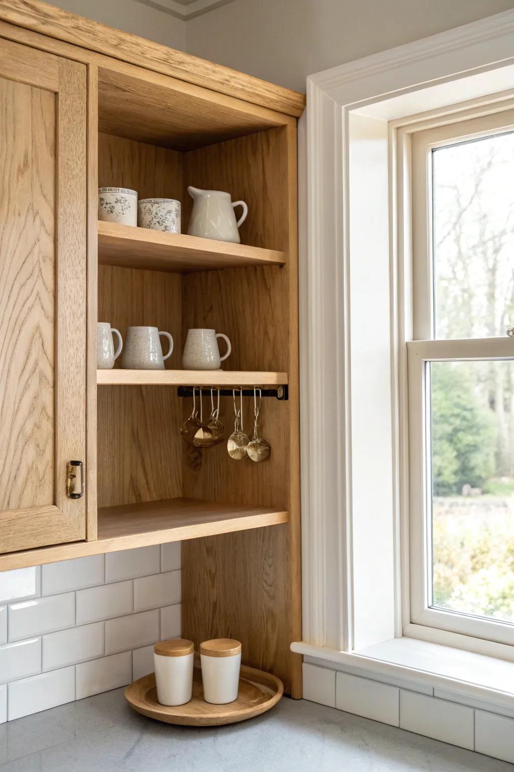 Removable hooks under the shelf keep measuring cups handy and free up corner cabinet space.