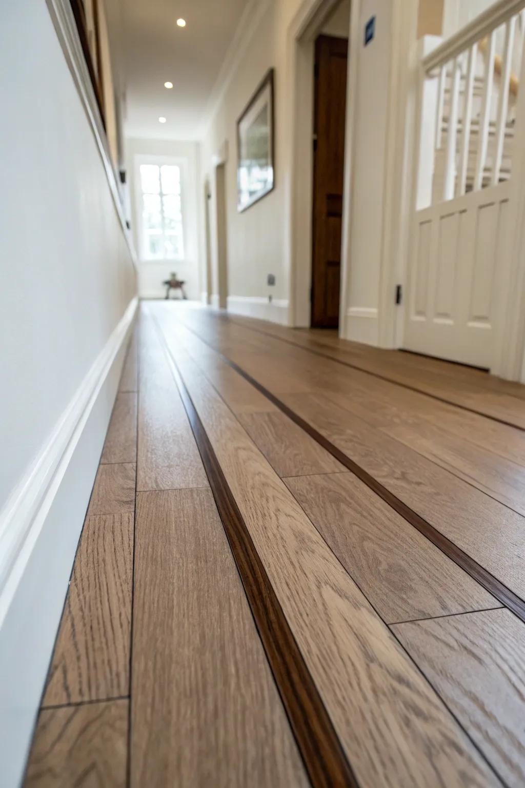 A slim walnut inlay turns a light oak hallway floor into a subtle, custom runway.
