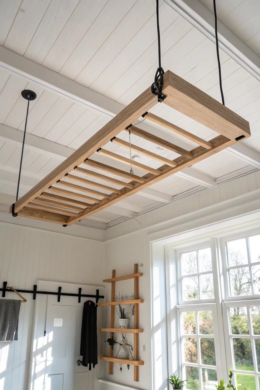 Ceiling-hung wooden rack: minimalist storage for clamps and long offcuts—clear walls, calm shop.