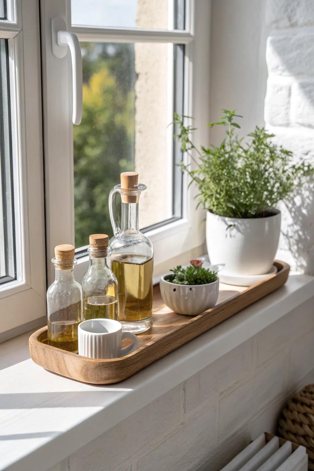 A skinny wood ledge shelf on the windowsill adds budget-friendly storage without clutter.