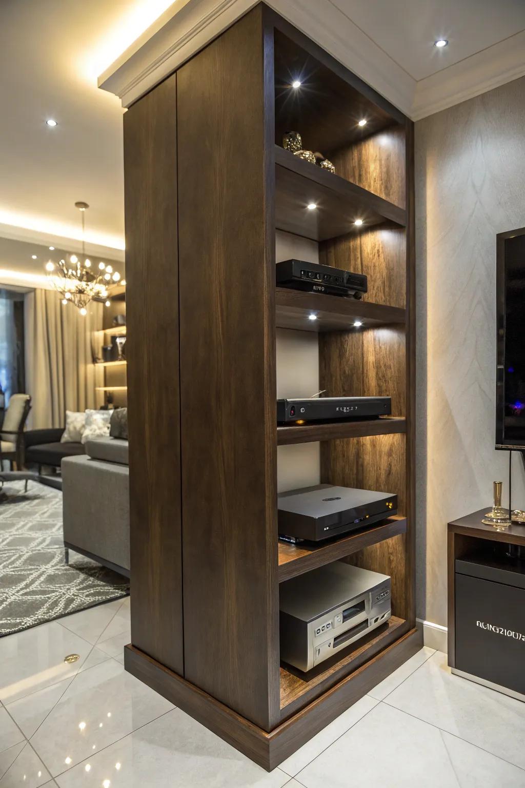 Elevate your gaming space with a sophisticated corner shelf that combines style and function.