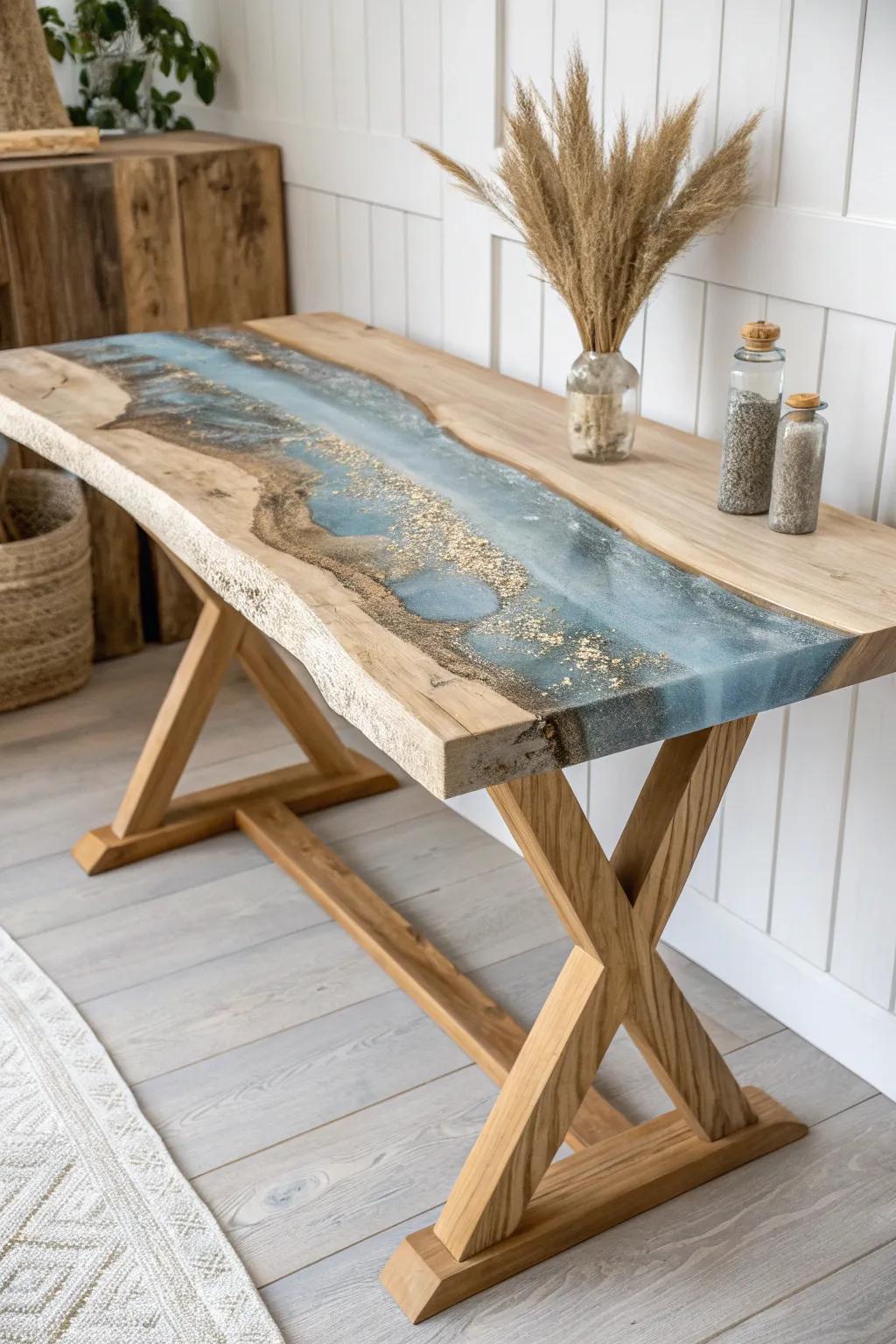 Resin “Frozen Fjord” tabletop: blue‑gray river, rune shoreline, Nordic minimal drama.