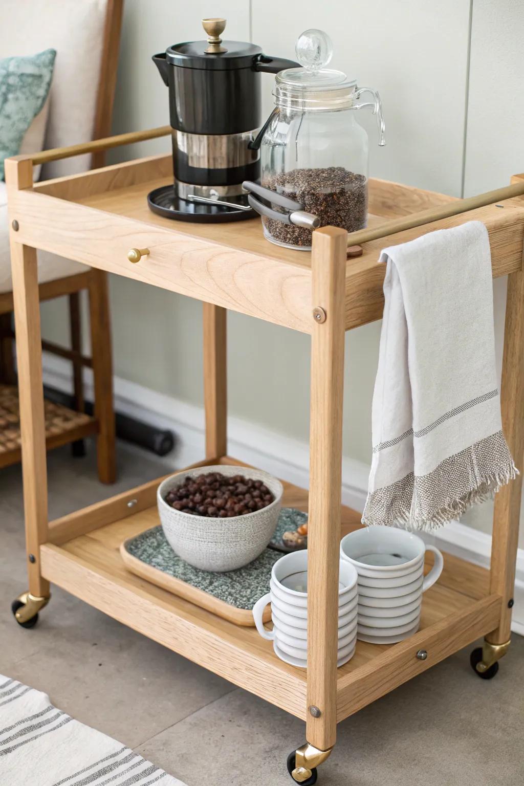 A vintage rolling cart coffee bar—stacked mugs, jars, and spoons for easy café vibes.