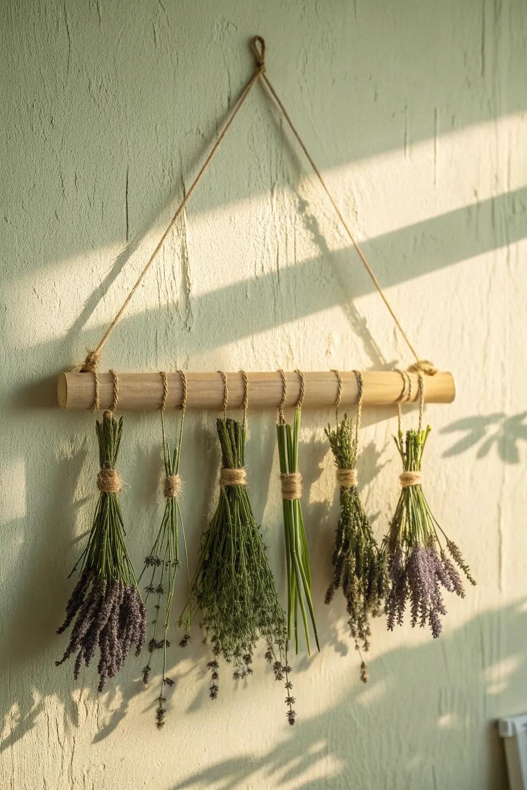 A simple twine-hung flower rack—lavender, herbs, and vintage cottage charm in one detail.