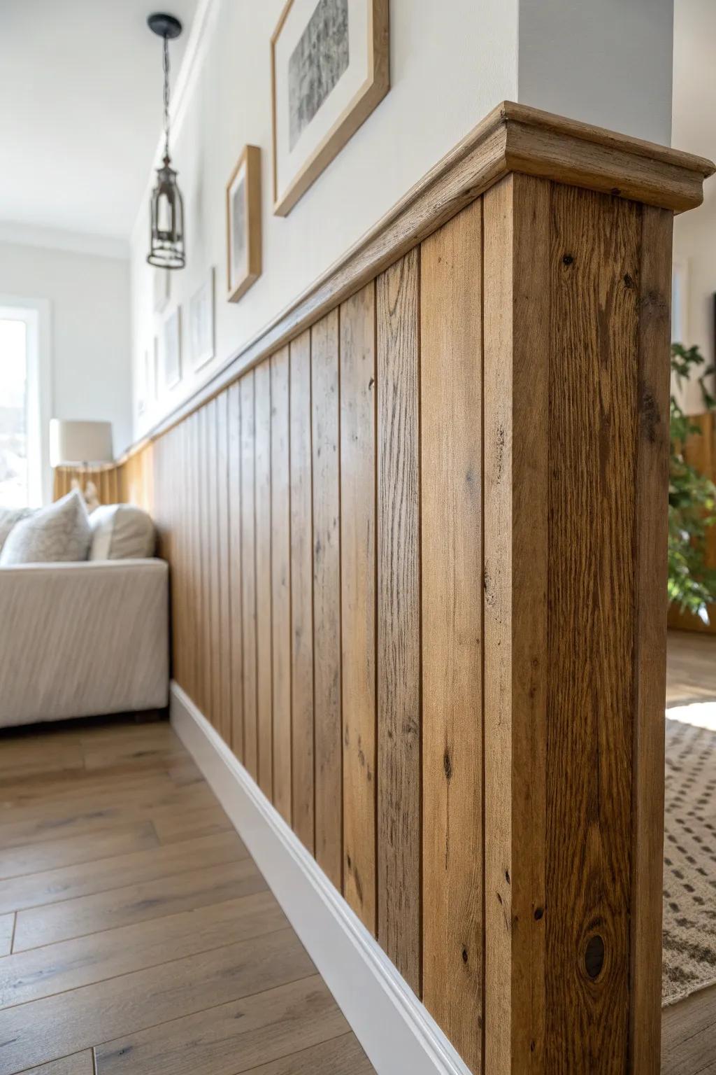 Narrow reclaimed-wood wainscoting adds rustic warmth and texture without shrinking a small room.